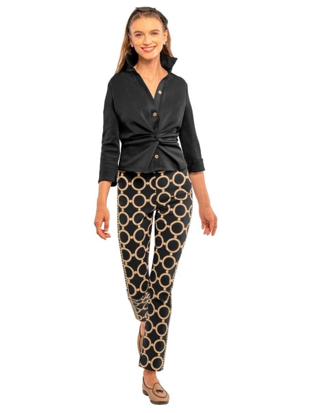 Gretchen Scott Geometric Stretchy Pull On Pants Womenโs Size L Black and Tan